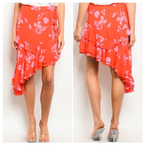 *CLEARANCE* Red Floral Asymmetrical Skirt - Picture 2 of 8